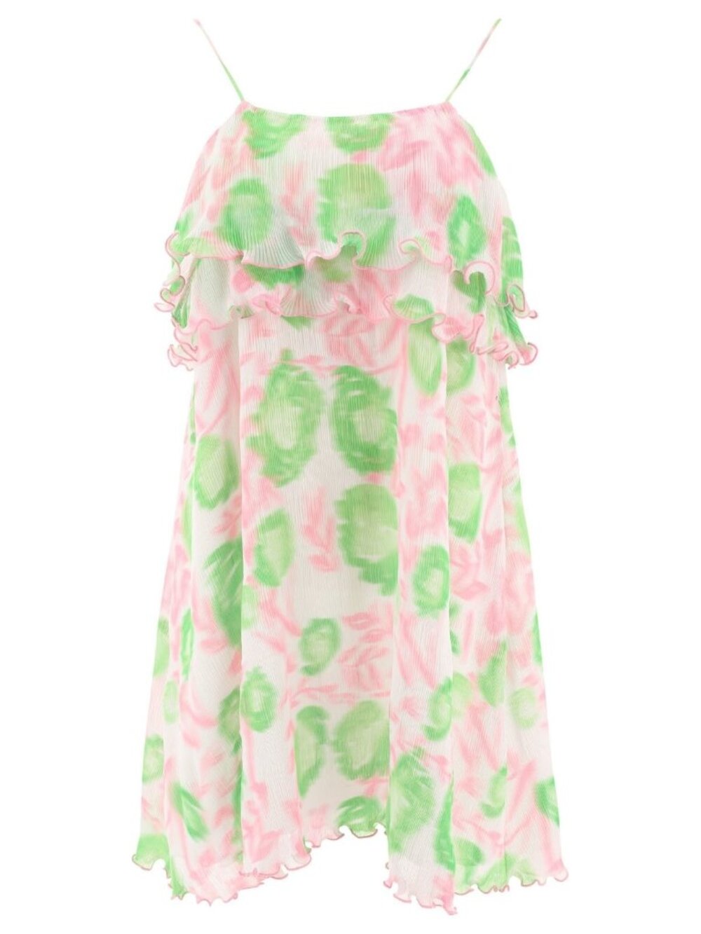 GANNI Pleated Georgette Strap Mini Dress Pink Green Floral EU 52 US 20 NWT